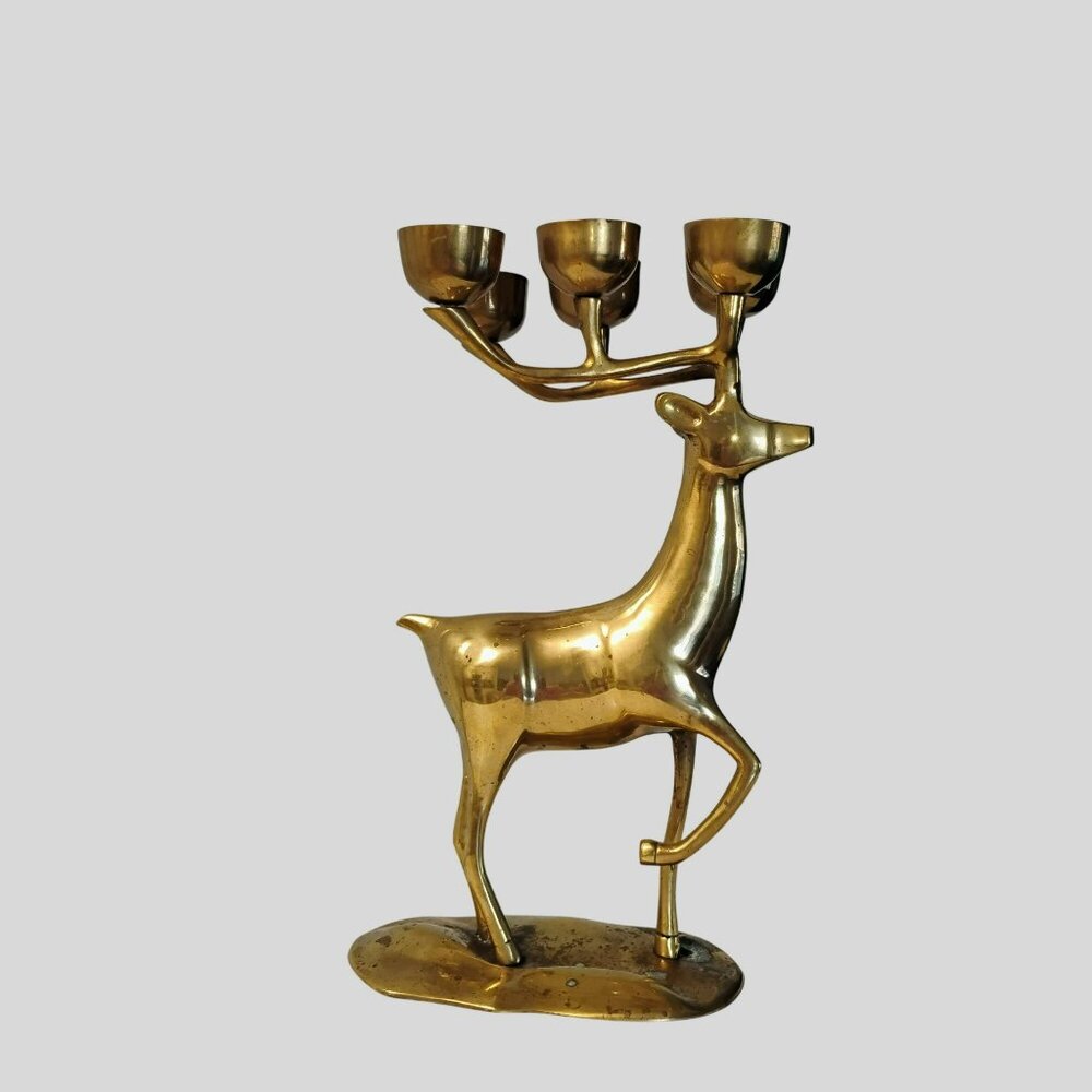 Vintage Brass Deer Candleholder, Reindeer Candelabra, 14" Mantel Stag Figurine - Picture 4 of 11